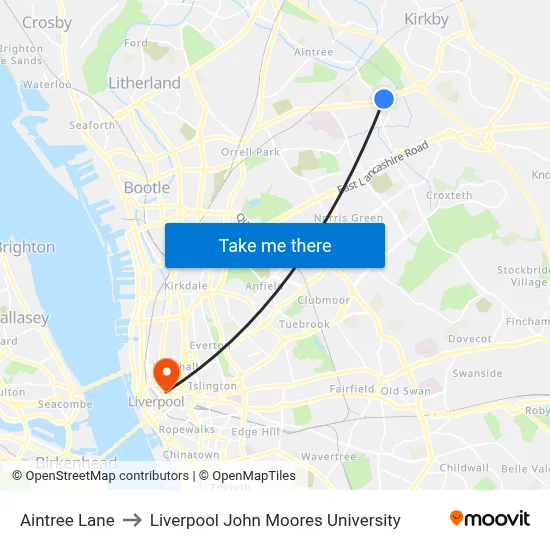 Aintree Lane to Liverpool John Moores University map