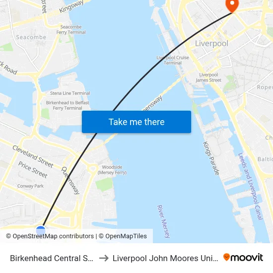 Birkenhead Central Station to Liverpool John Moores University map
