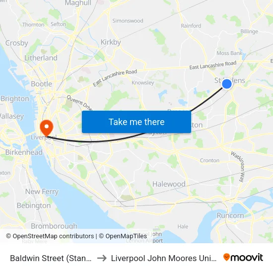Baldwin Street to Liverpool John Moores University map