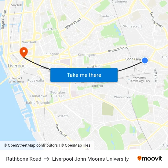 Rathbone Road to Liverpool John Moores University map
