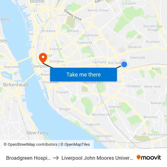 Broadgreen Hospital to Liverpool John Moores University map