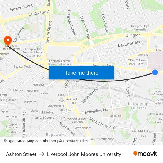 Ashton Street to Liverpool John Moores University map