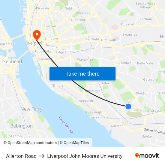 Allerton Road to Liverpool John Moores University map