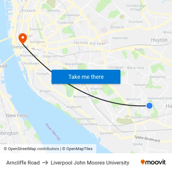 Arncliffe Road to Liverpool John Moores University map