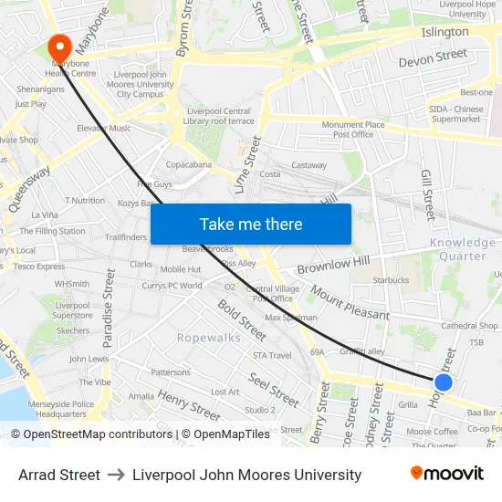Arrad Street to Liverpool John Moores University map