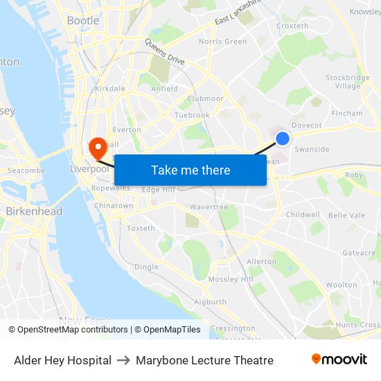 Alder Hey Hospital to Marybone Lecture Theatre map