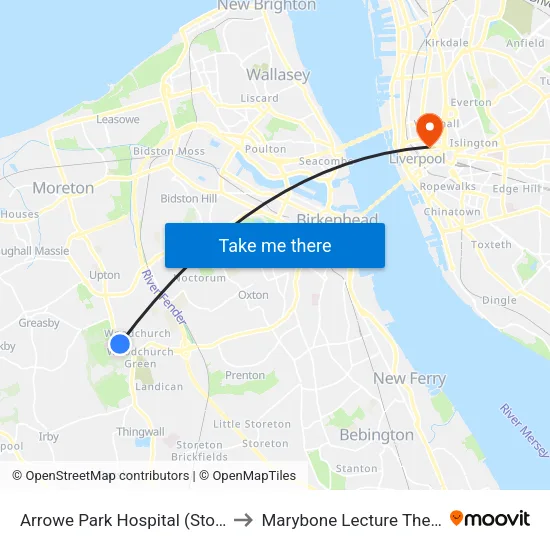 Arrowe Park Hospital to Marybone Lecture Theatre map