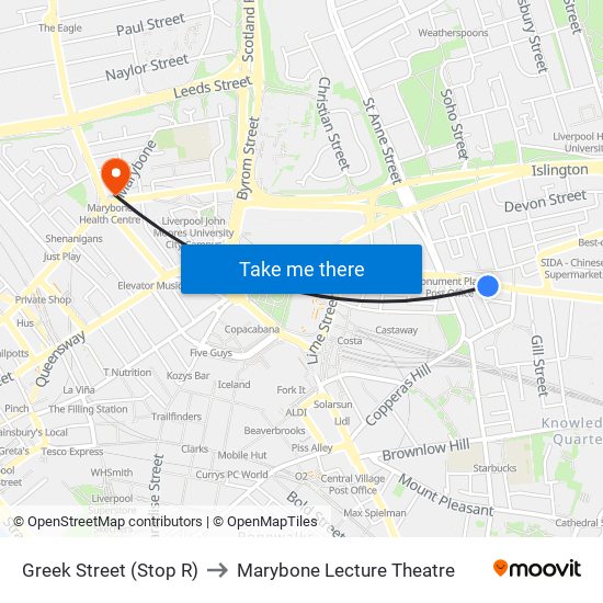 Greek Street (Stop R) to Marybone Lecture Theatre map