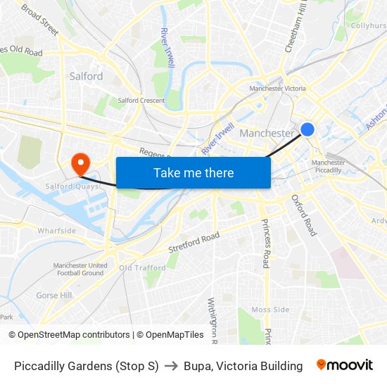 Piccadilly Gardens (Stop S) to Bupa, Victoria Building map