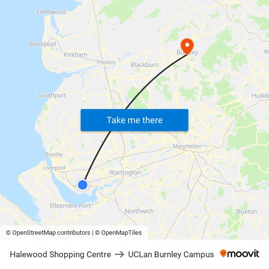 Halewood Shopping Centre to UCLan Burnley Campus map