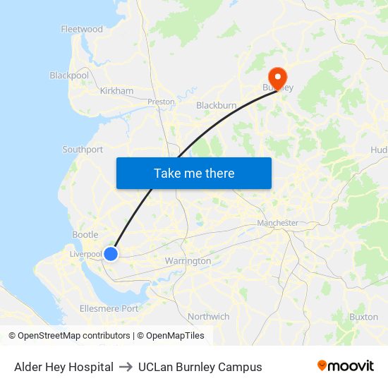 Alder Hey Hospital to UCLan Burnley Campus map