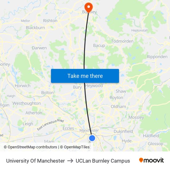 University Of Manchester to UCLan Burnley Campus map