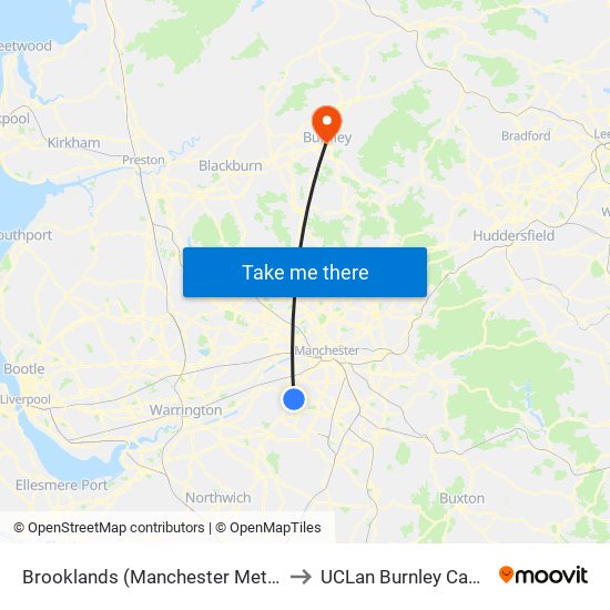 Brooklands (Manchester Metrolink) to UCLan Burnley Campus map