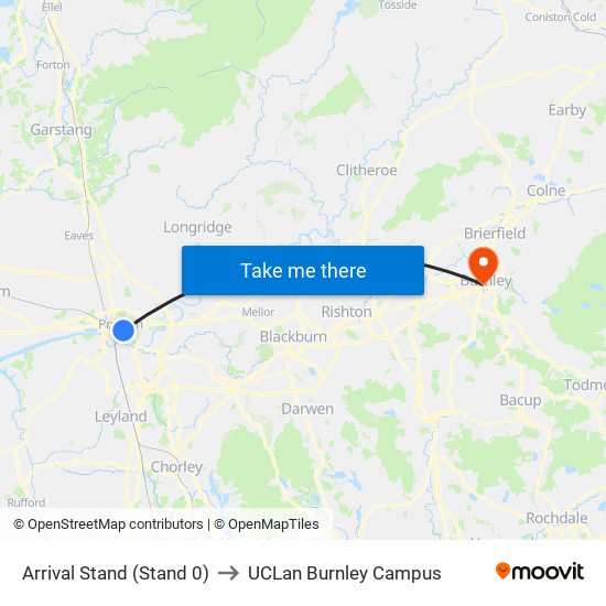 Arrival Stand (Stand 0) to UCLan Burnley Campus map