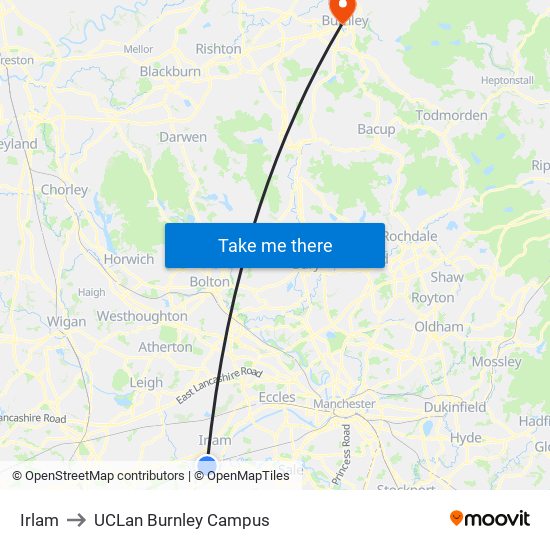 Irlam to UCLan Burnley Campus map