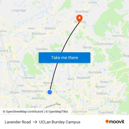 Lavender Road to UCLan Burnley Campus map