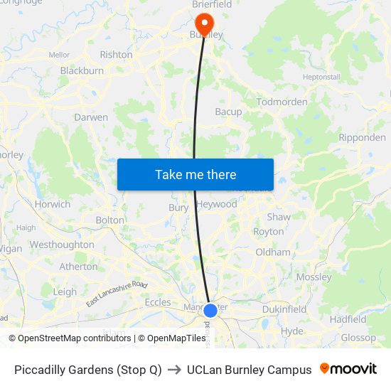 Piccadilly Gardens (Stop Q) to UCLan Burnley Campus map