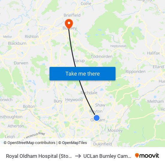 Royal Oldham Hospital (Stop D) to UCLan Burnley Campus map