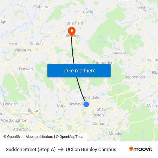 Sudden Street (Stop A) to UCLan Burnley Campus map