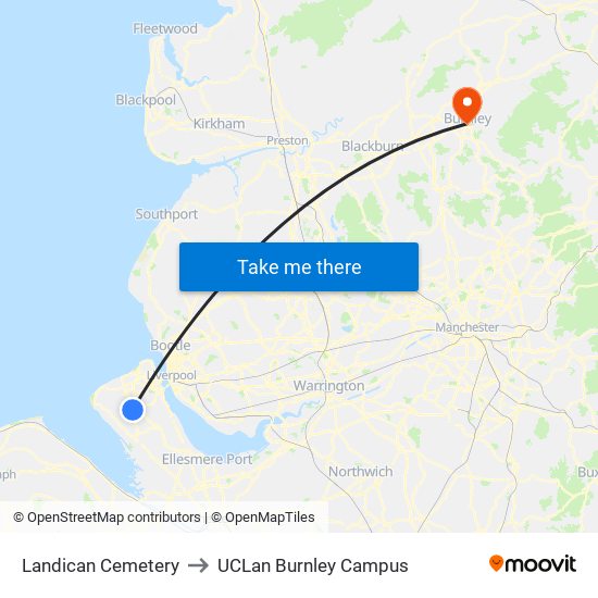 Landican Cemetery to UCLan Burnley Campus map