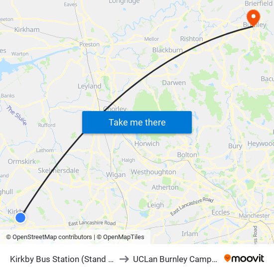 Kirkby Bus Station (Stand 3) to UCLan Burnley Campus map