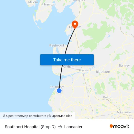 Southport Hospital to Lancaster map