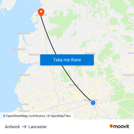 Ardwick to Lancaster map