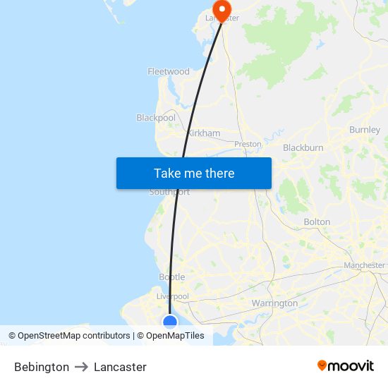Bebington to Lancaster map