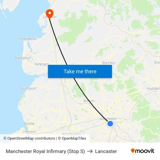 Manchester Royal Infirmary to Lancaster map