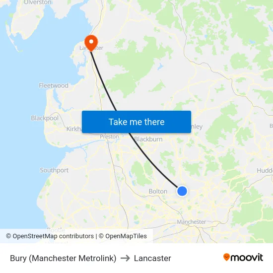 Bury (Manchester Metrolink) to Lancaster map