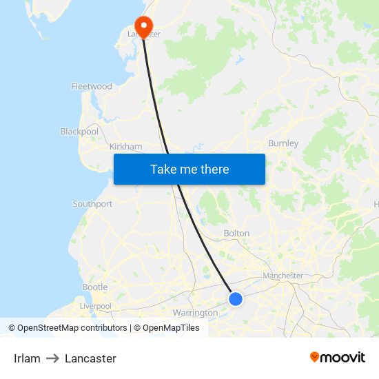 Irlam to Lancaster map