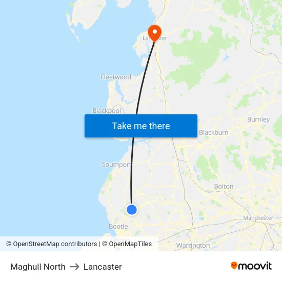 Maghull North to Lancaster map