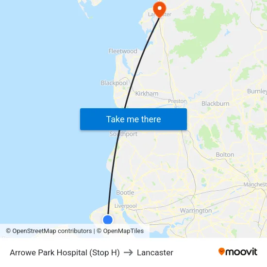 Arrowe Park Hospital to Lancaster map
