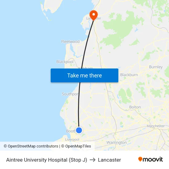 Aintree University Hospital to Lancaster map