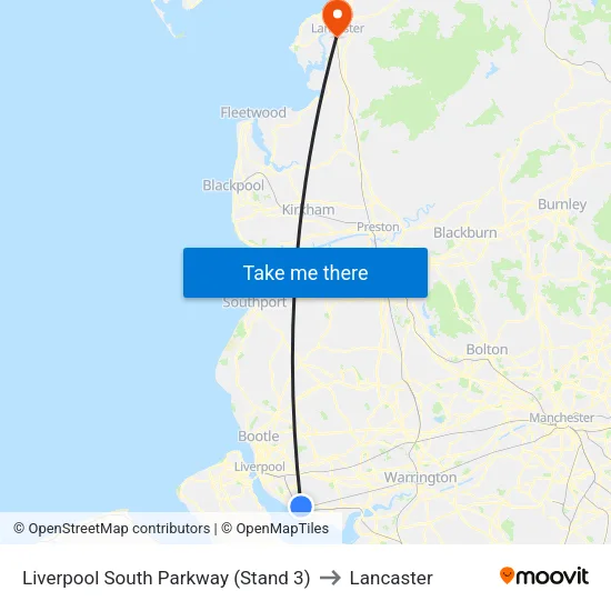 Liverpool South Parkway to Lancaster map