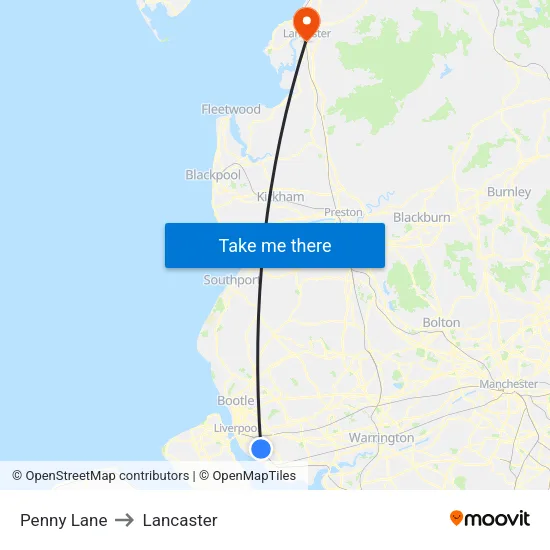 Penny Lane to Lancaster map