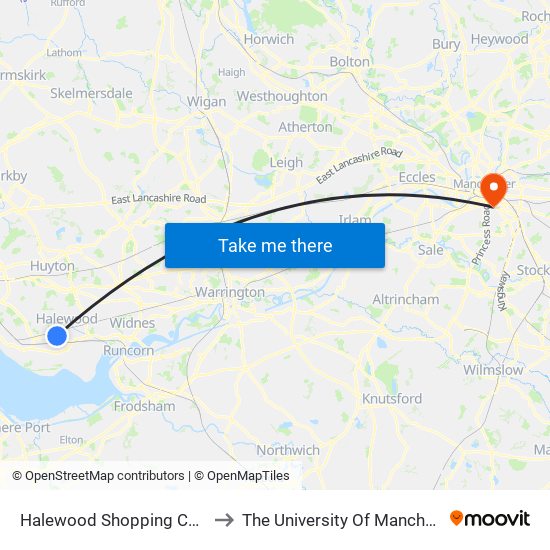 Halewood Shopping Centre to The University Of Manchester map