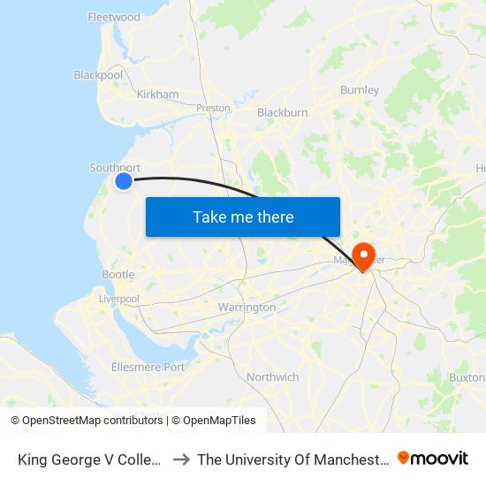 King George V College to The University Of Manchester map