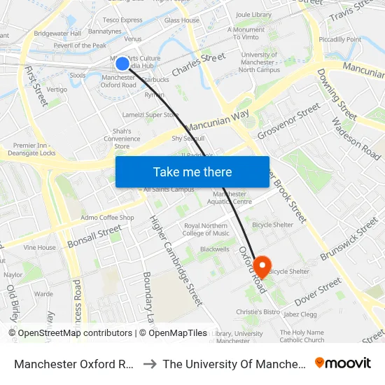 Manchester Oxford Road to The University Of Manchester map