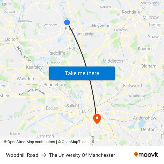 Woodhill Road to The University Of Manchester map