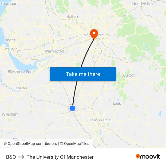 B&Q to The University Of Manchester map