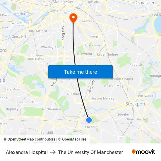 Alexandra Hospital to The University Of Manchester map
