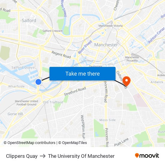 Clippers Quay to The University Of Manchester map