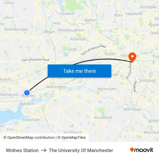 Widnes Station to The University Of Manchester map
