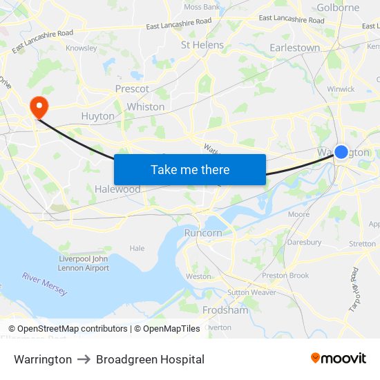 Warrington to Broadgreen Hospital map