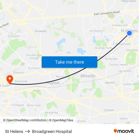 St Helens to Broadgreen Hospital map