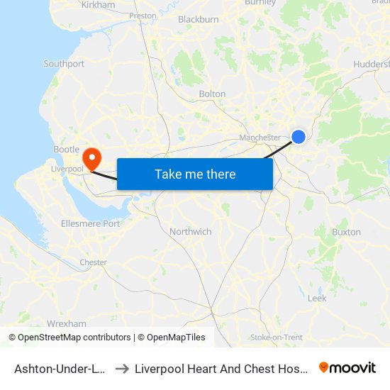 Ashton-Under-Lyne to Liverpool Heart And Chest Hospital map