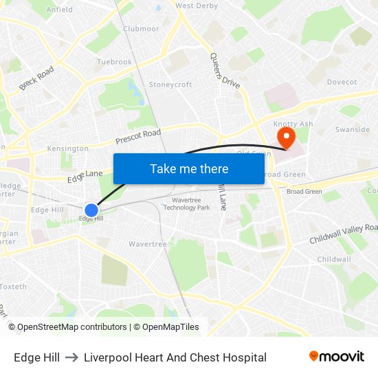 Edge Hill to Liverpool Heart And Chest Hospital map