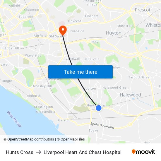 Hunts Cross to Liverpool Heart And Chest Hospital map