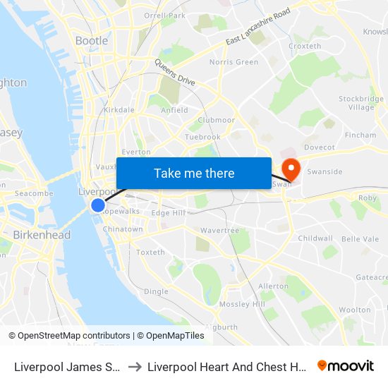 Liverpool James Street to Liverpool Heart And Chest Hospital map